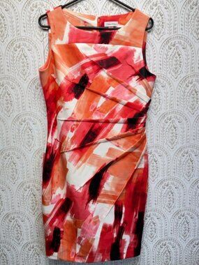 Calvin Klein Sheath Dress Women 12 Orange Abstract Brushstroke Pleated Ruched